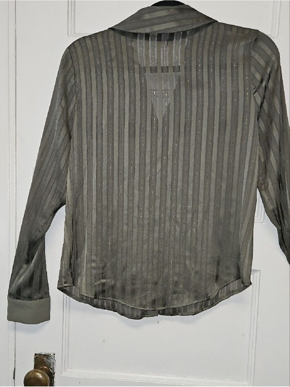 White House Black Market Olive Sheer Stripe Button Front Shirt - Picture 6 of 7
